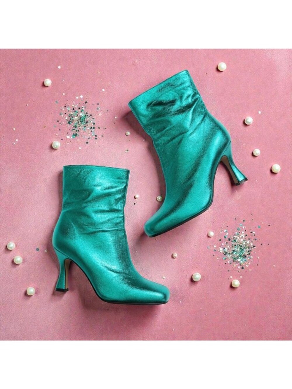 Metallic Teal Ankle Booties — Women's Fashion Boots